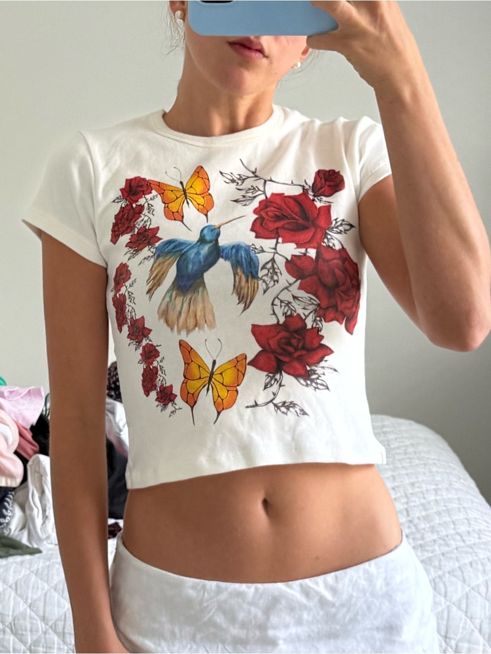 Floral & Butterfly Graphic Crop Tee - White